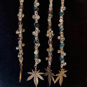 Boho Crystal Beaded Card Clip ID Badge Holder Leaf Charm Handmade